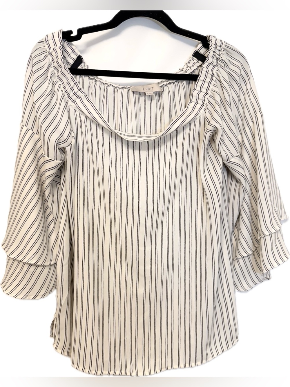 LOFT White Navy Striped Off-Shoulder Peasant Top